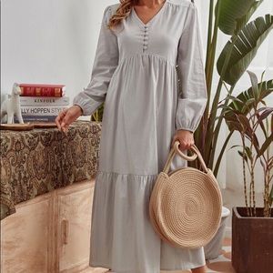 Stunning Long V Neck Long Sleeve Maxi Prairie Bohemian Flowy Linen Feel Dress